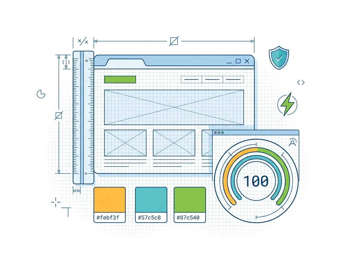 Illustration of a browser window on an engineering workbench: a performance gauge reading 100, a security shield, and a lightning bolt for speed